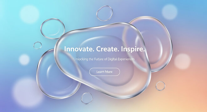 Clear liquid droplets 3d rendering with gradient background