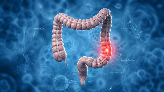 Human large intestine anatomy illustration with inflammatory bowel disease highlighted