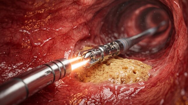 Minimally invasive surgery robotic endoscope removing polyp during colonoscopy procedure