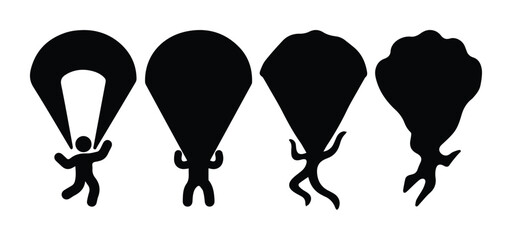 Parachute skydiver silhouette icons set, black skydiving vector graphics, extreme sports paragliding symbols for adventure branding and logo design © Farah-Studio