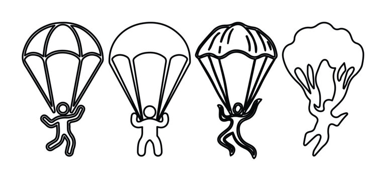 Parachute skydiver line icons set, minimalist skydiving vector illustrations, extreme sports paragliding symbols for adventure branding