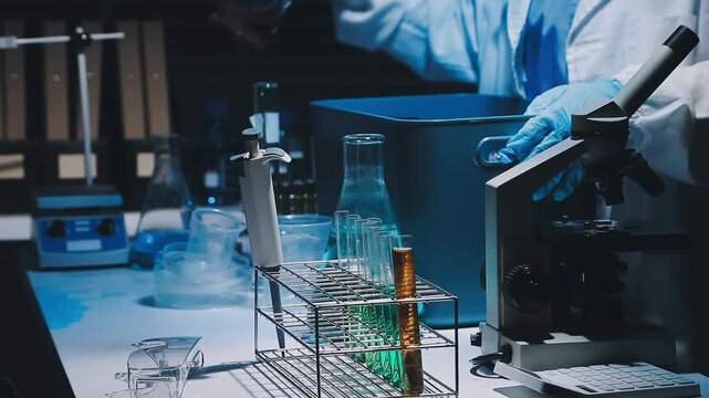 A laboratory technician makes microscopic bacteriological examination with the reagents. Work in microlaboratories