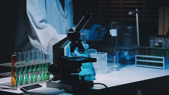 A laboratory technician makes microscopic bacteriological examination with the reagents. Work in microlaboratories