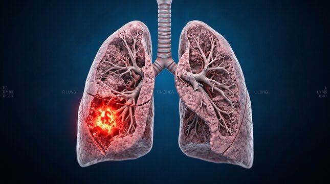 Human lungs with trachea and bronchial tree highlighting a lung tumor