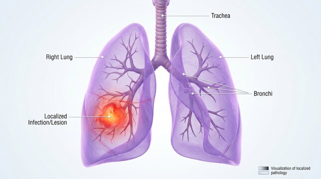 Human lungs with trachea and bronchi highlighting a localized infection or lesion in the right lung