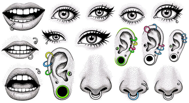 Trendy halftone photocopy stipple effect elements. Grunge punk collage art set of crazy mouths, eyes, pierced ears, and noses with grainy dotted texture. Modern retro graphic vector illustration.