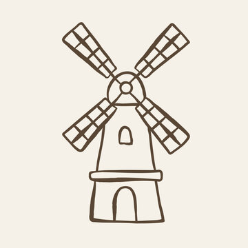 Hand drawn windmill farm doodle illustration in naive line art style. Cute countryside element isolated in trendy organic rural design.