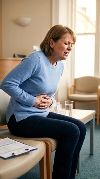 Mature woman, experiencing intense abdominal agony, a symptom of severe pancreatic disease, awaiting urgent clinical consultation for pancreatitis