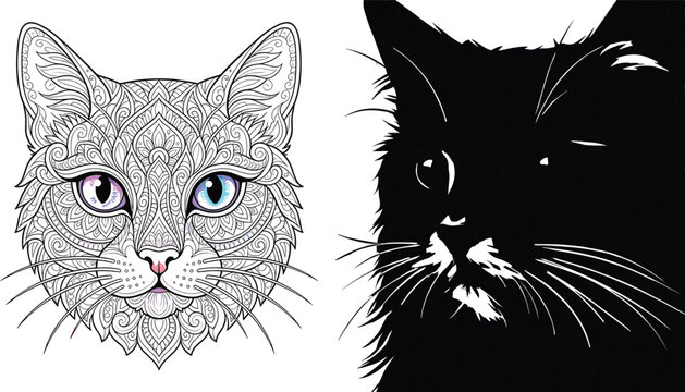 Intricate mandala cat portrait illustration next to high contrast black cat silhouette face isolated on white background