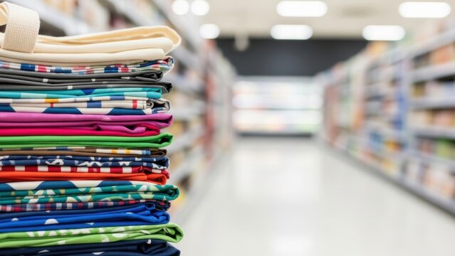 Folded stack of bright colorful textiles in blurred store aisle.