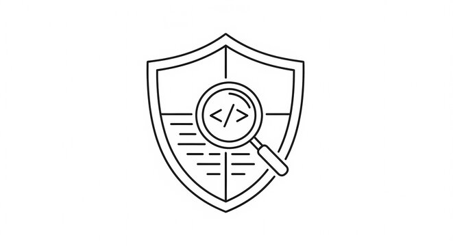 Cybersecurity Shield with Magnifying Glass and Code Icon.