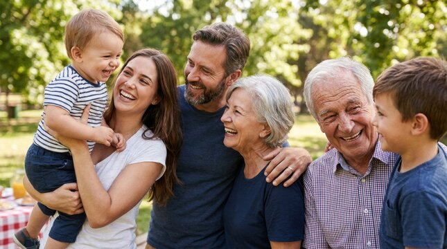 A joyful family gathering in a sunny park, featuring multiple generations smiling and enjoying each other's company. Family bonding and happiness.