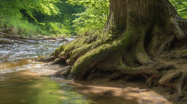subsidence. A large tree with subtly subsiding soil, its underground roots hollowed by water in morning light. gardening catalogs, home-decor guides, designed for home decor and floral branding.