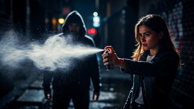 Woman using pepper spray for self-defense against a hooded attacker in a dark alley. Female victim takes action during a dangerous nighttime confrontation. Commercial safety and crime prevention.