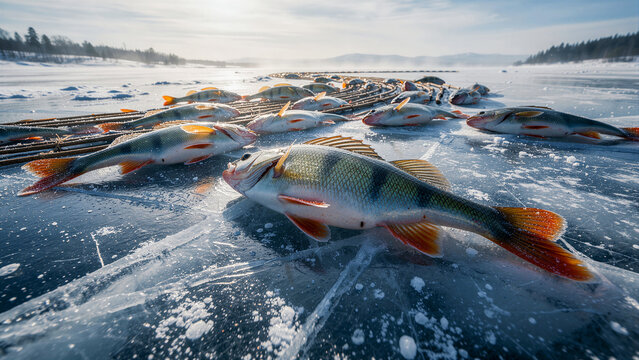 Freshly caught perch fish lying on the frozen surface of a lake. Numerous fish spread across cracked blue ice next to winter fishing gear. Outdoor hobby concept, ideal for recreational marketing.