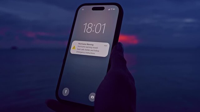 Close View of Smartphone Displaying Hurricane Warning Near Calm Ocean Before Tropical Storm, Emergency Notification, Cinematic Shallow Focus Evening Shot