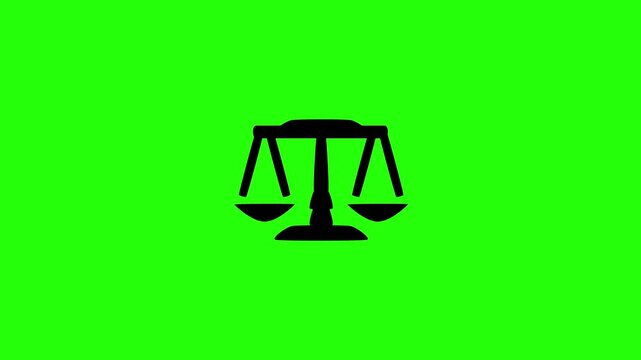 Clean 4K horizontal video showing a balanced legal scale of justice silhouette bouncing. High quality courtroom attorney defense clinic layout pop-up asset.