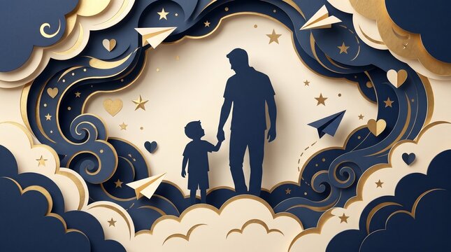 Stylized papercut concept illustration of a father and child, representing paternal love, guidance, and dreams, embarking on a hopeful journey under a whimsical, starry sky