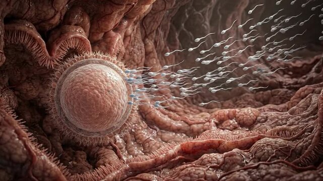 Conception micro journey: human reproduction, internal view, sperm navigate, fertilize process, embryo develop, female system, cellular division, zygote form, begin existence.