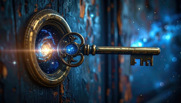 Ornate antique key unlocking a portal to deep space, revealing cosmic wonders and infinite possibilities