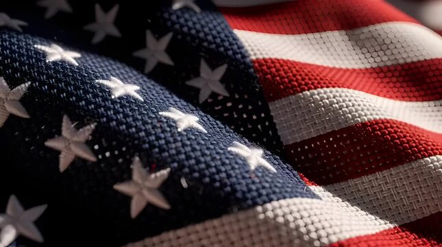 Extreme close up of American flag textile with stars and stripes waving in soft light