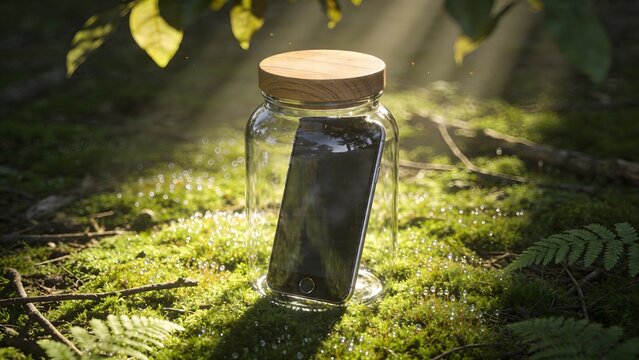 Smartphone trapped in a glass jar on a mossy forest floor, symbolizing digital detox and connection with nature.