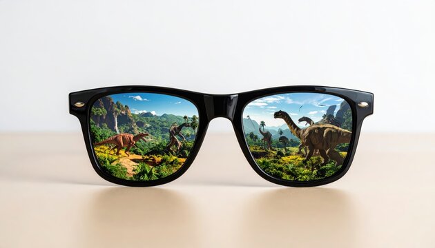 Stylish Black Sunglasses Reflecting a Vibrant Prehistoric Dinosaur Landscape on a Table