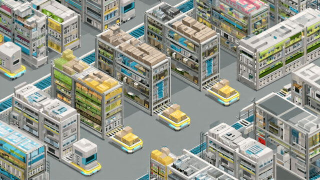 Isometric view of modern multi-level commercial buildings with green rooftops and connected pathways in an urban setting