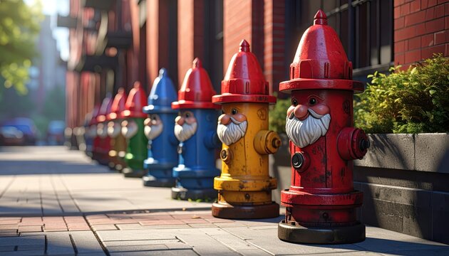 Whimsical Row of City Fire Hydrants Transformed Into Colorful Gnome Characters on a Brick Sidewalk