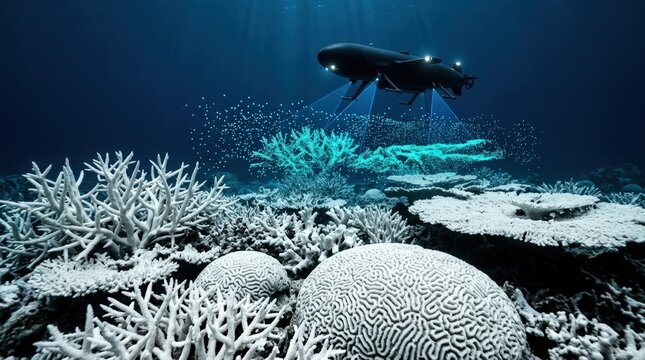 Advanced autonomous underwater drone scanning damaged coral reef structures for environmental research and marine conservation data