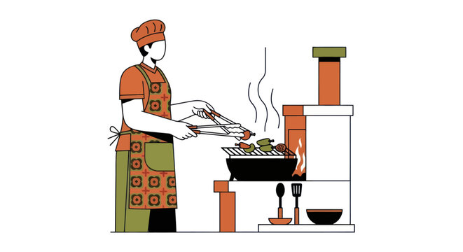 Chef Grilling Food Vector Illustration