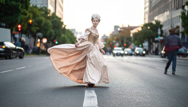 Victorian era woman in full gown and bonnet skateboarding down a modern urban street