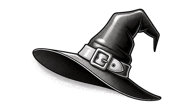 Antique stipple engraving of a pointed witch hat, retro halftone gritty spooky headwear for Halloween clipart and gothic art, vintage hand-drawn vector sketch isolated on a white background.