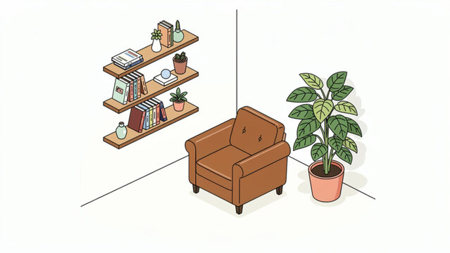 Cozy corner with brown sofa, potted plant, and wall-mounted shelves filled with books and decorative items in a modern interior