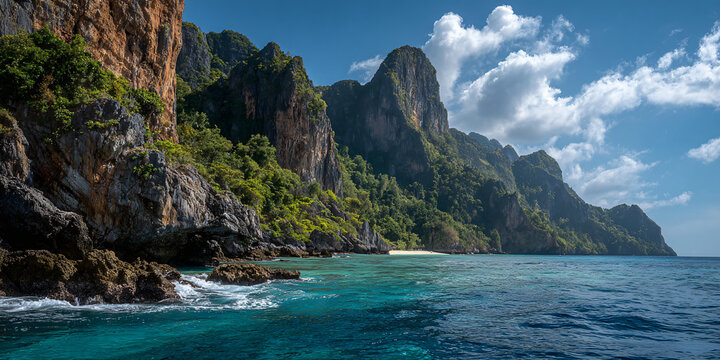 Phi Phi Islands Tropical Beach with Blue Water and Cliffs