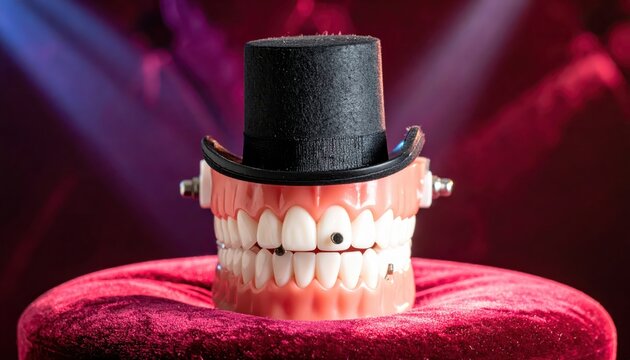 Whimsical wind-up chattering teeth wearing a sophisticated top hat, perched on textured fabric