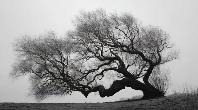 unnatural. A single twisted willow tree with gnarled branches against a plain sky. lifestyle magazines, social media lookbooks, designed for influencer and brand collaborations.