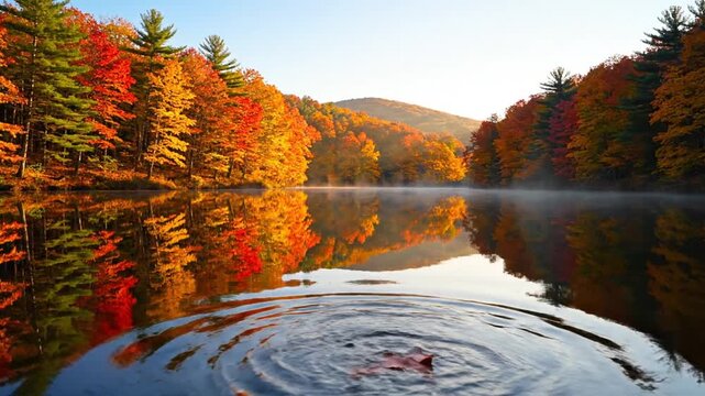 Serene autumn lake landscape with vibrant fall foliage and calm water reflections
