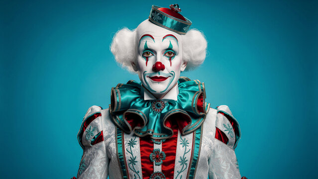 Professional clown in elaborate makeup and vintage costume against a blue background. Performer with white face paint and ornate ruffed clothing. Ideal for circus and theater.