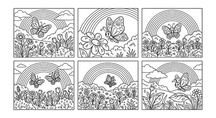 Floral ornament with butterflies and rainbows black and white vector illustration © Begum