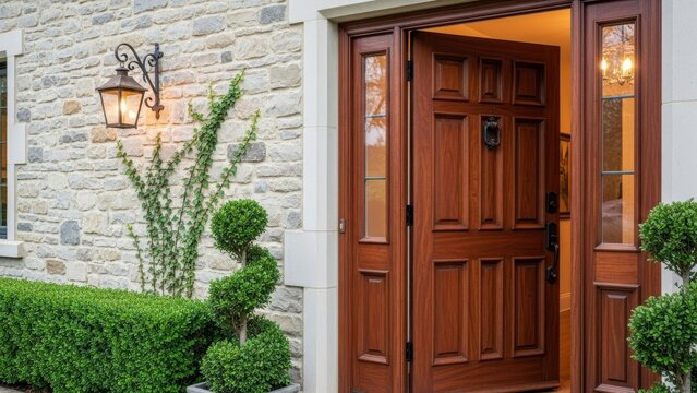 Open heavy wooden front door of stone house.