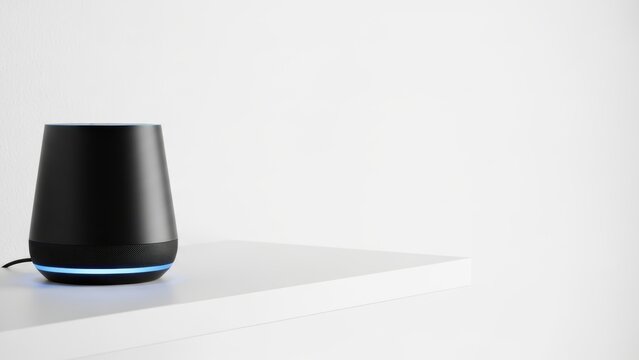 Black smart speaker glowing blue on white shelf.