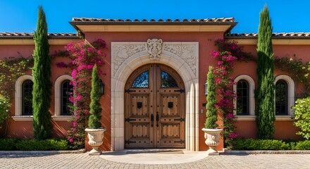 Fototapeta premium Grand Mediterranean-style villa entrance with ornate wooden doors, cypress trees, and pink bougainvillea under a clear blue sky.