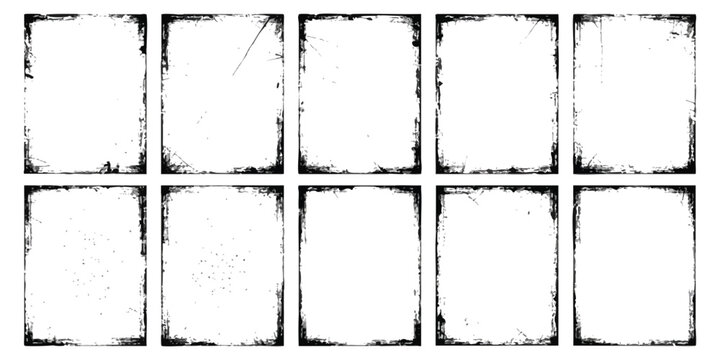 Set of ten rectangular grunge frames with distressed edges and rough borders for design projects