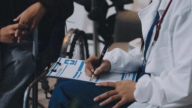Doctor and patient closeup, holding hands and consultation support, healthcare services and sad news, test results or help. Clinic, medical professional or black people consulting, helping and advice