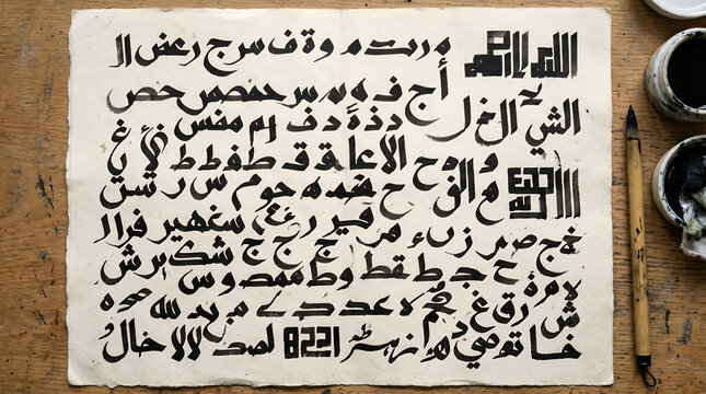 Traditional arabic calligraphy practice sheet with ink and brush