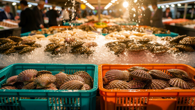 Fresh scallops in shells displayed in teal and orange baskets at a busy fish market. Seafood variety laid out on ice with people. Freshness and commerce concept, ideal for culinary marketing.