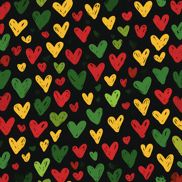 Juneteenth seamless pattern with hand-drawn colorful hearts on a dark background. Vector illustration style fabric textile design for African American Emancipation Day celebration.