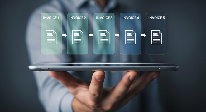 Digital invoice processing workflow on tablet, automated billing system and electronic document management, financial software interface