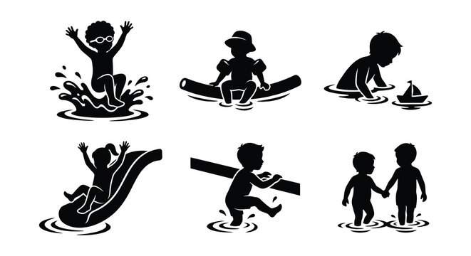 Children Swimming Silhouette Set Black Vector Illustration On White Background